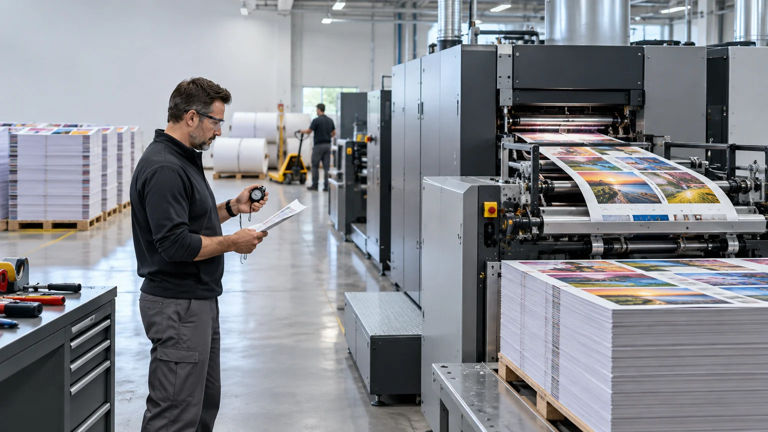 Print-shop operator inspecting a sheet beside a large digital press running colorful printed pages, with stacked output on a pallet in the foreground.