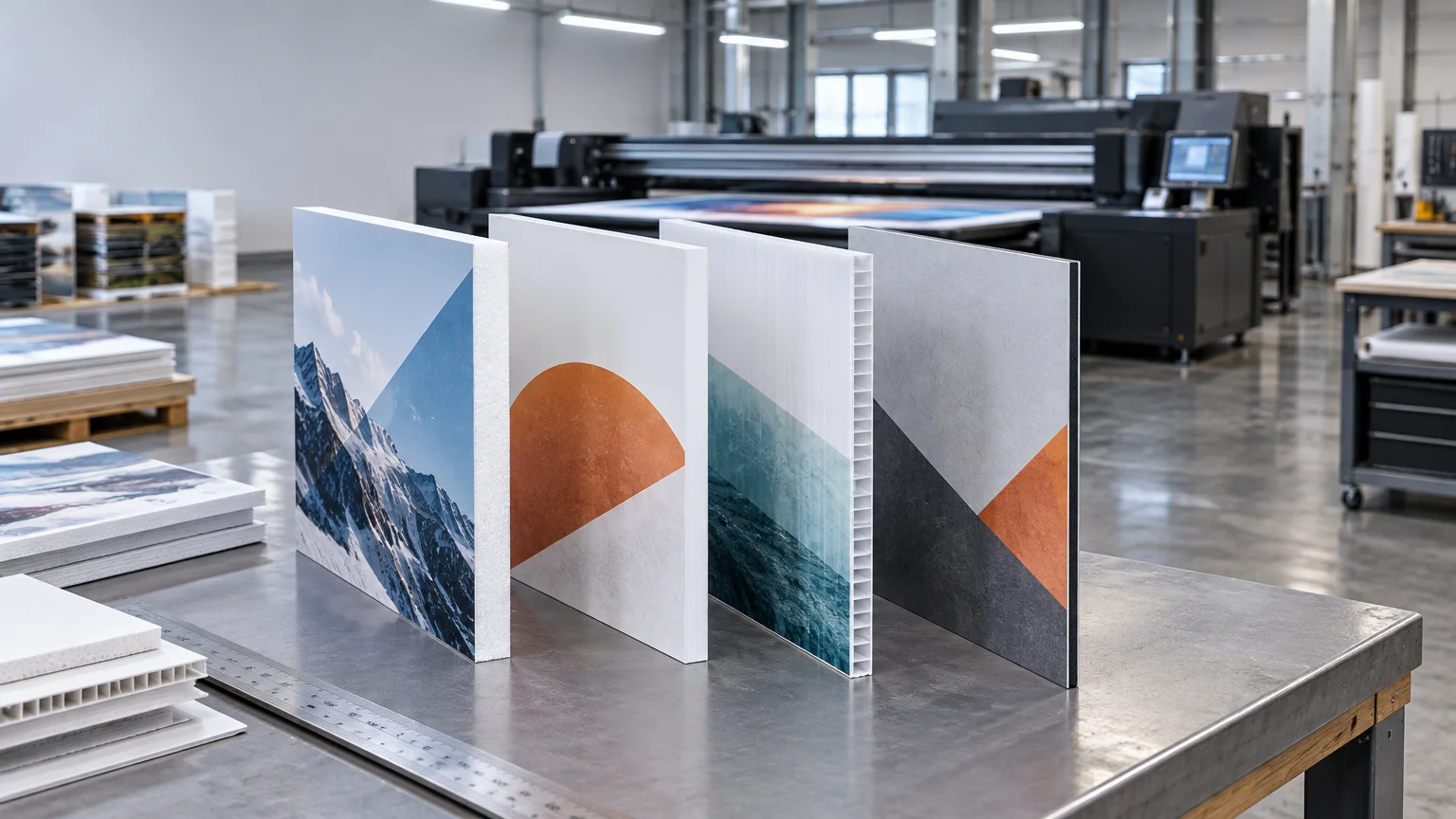 Four upright printed rigid boards with different edge constructions stand on a metal worktable in a print shop, with a large flatbed printer and stacked sheets behind them.