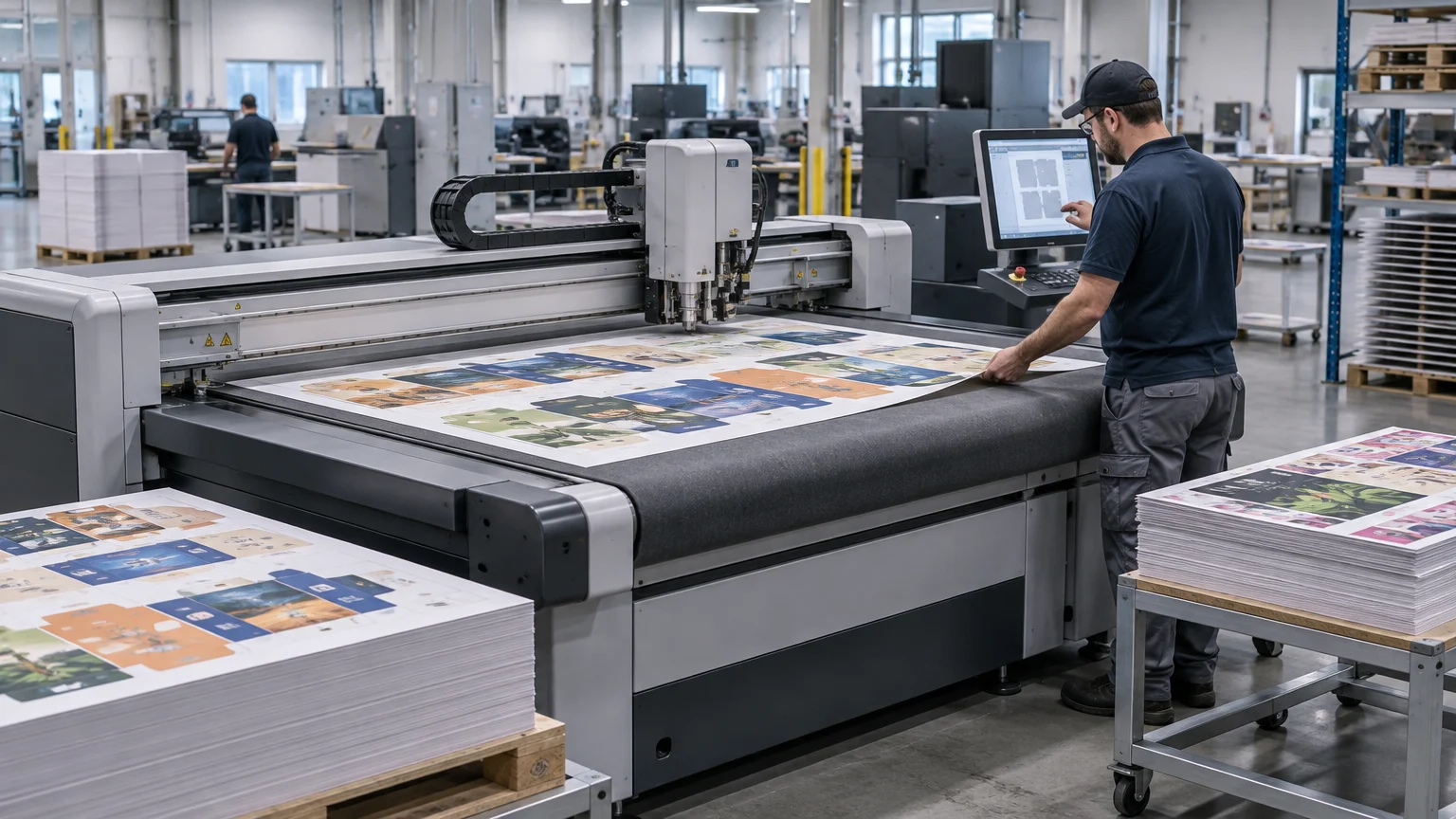 Operator using a touchscreen beside a large automated flatbed cutting table in a print-production shop, with printed sheets on the cutter and stacks of work on carts and pallets.