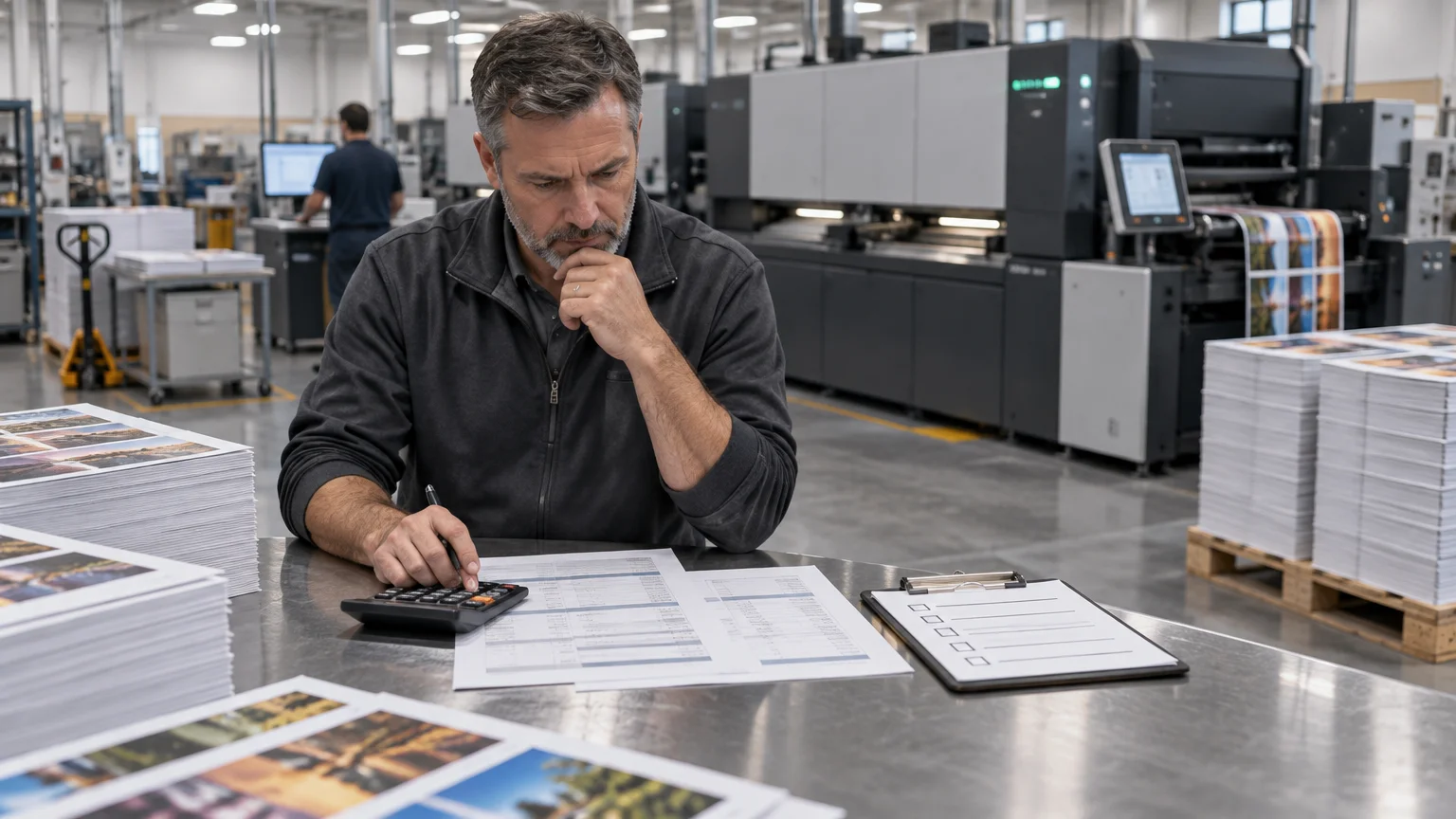 A print-shop worker uses a calculator and reviews paperwork at a metal table, with stacks of printed sheets and a large digital press behind him.