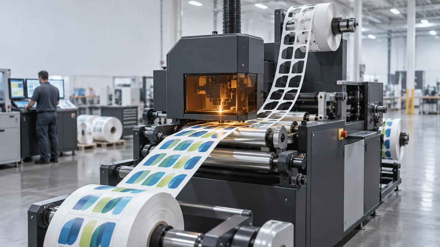 Industrial label-finishing machine feeding a web of blue and green printed labels through rollers beneath an amber safety guard, with an operator at control screens in a bright factory.