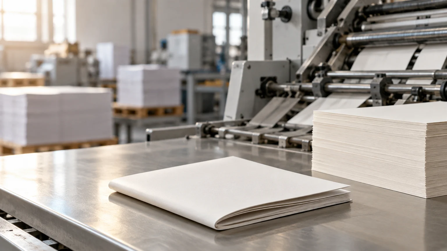 Stacks of white paper and a folded sheet sit on a metal table beside rollers on a finishing machine in a bright print shop.
