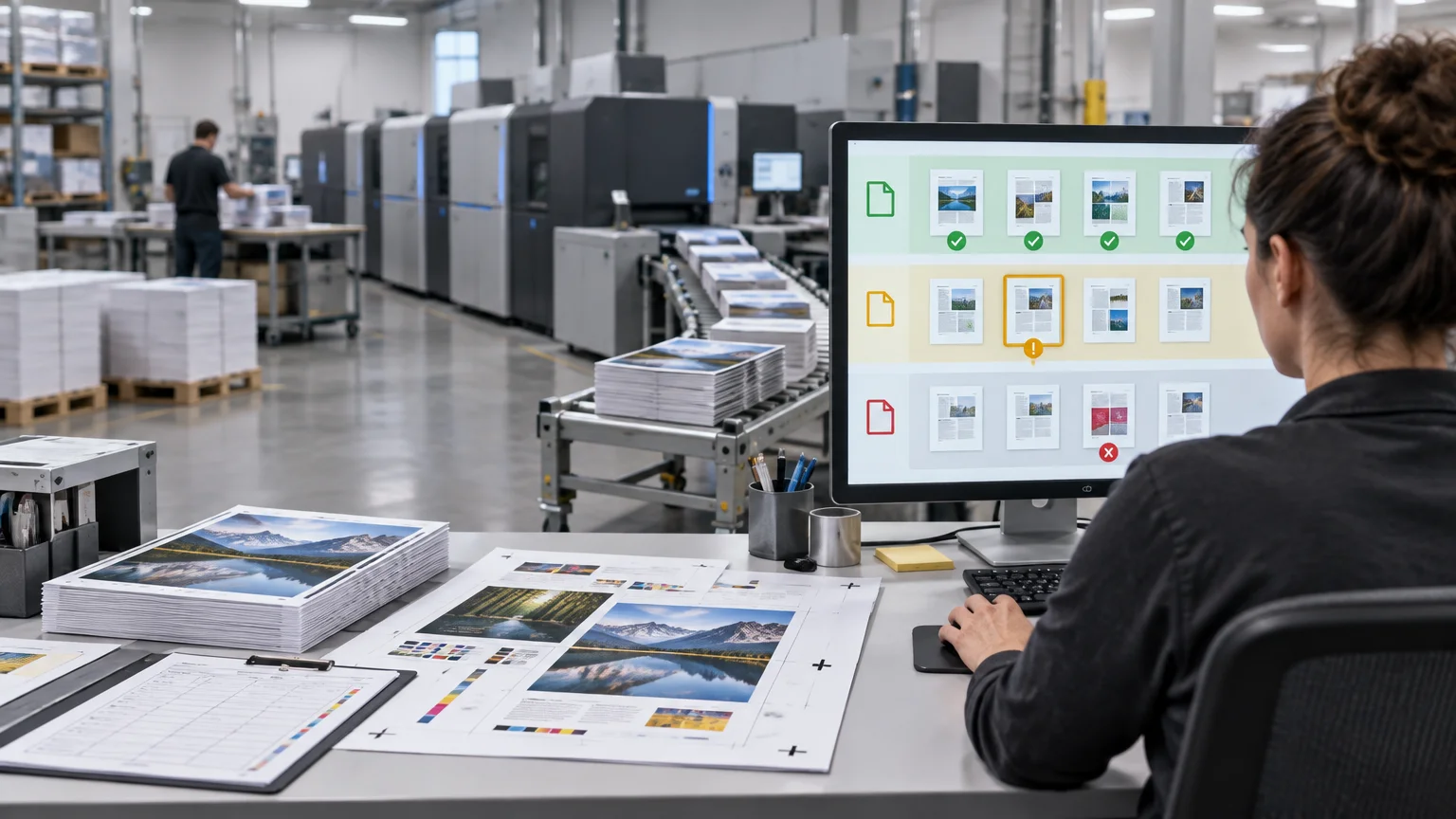 Print-production operator at a workstation viewing a monitor with green, yellow, and red document-status rows beside stacks of printed sheets and a digital press line.
