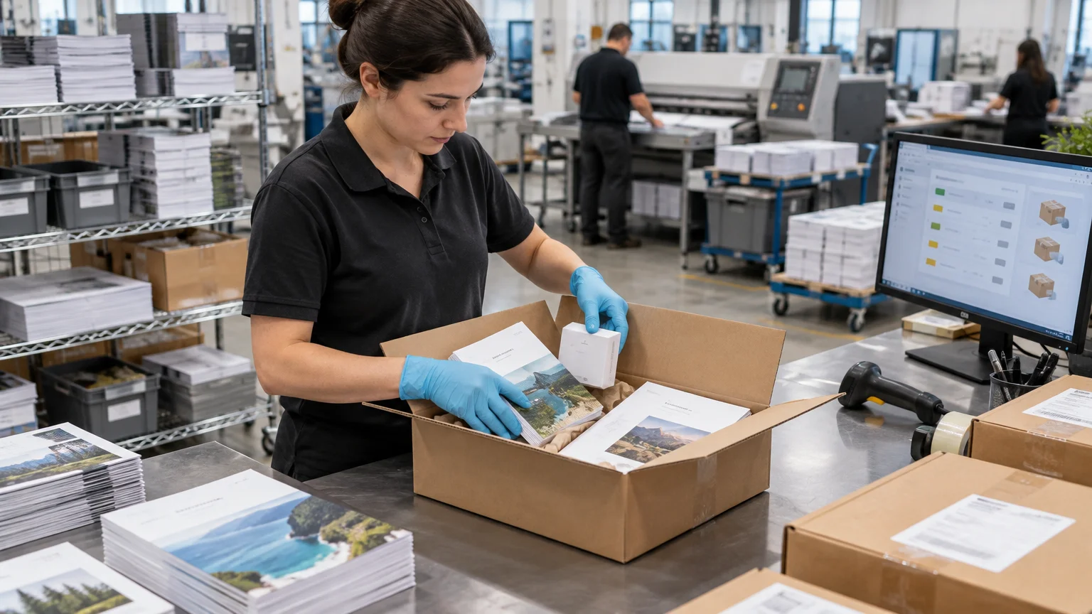 Worker wearing blue gloves packs printed photo books and a small white product box into a cardboard shipping carton at a print and fulfillment worktable, with stacks of printed materials, packaging equipment, a production dashboard monitor, and industrial machines behind her.