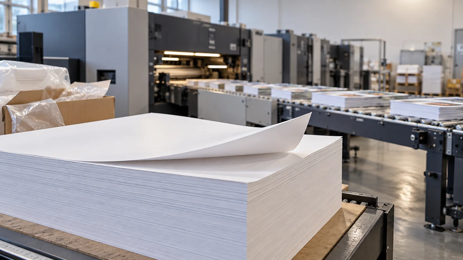 A large stack of white paper with its top sheet curled upward in front of a digital printing and finishing line, with printed stacks moving along a conveyor behind it.