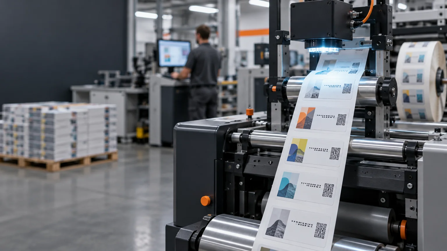 Industrial label-production line feeding a web of individually designed labels with QR-style codes and changing colored graphics past an illuminated inspection unit, while an operator works at a computer in the background beside stacked printed materials.